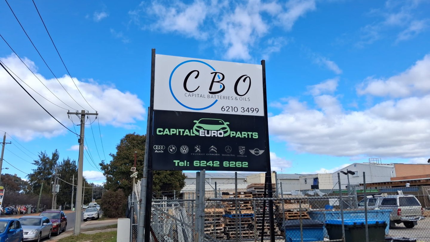 Capital Batteries & Oils entrance sign on Darling Street in Mitchell